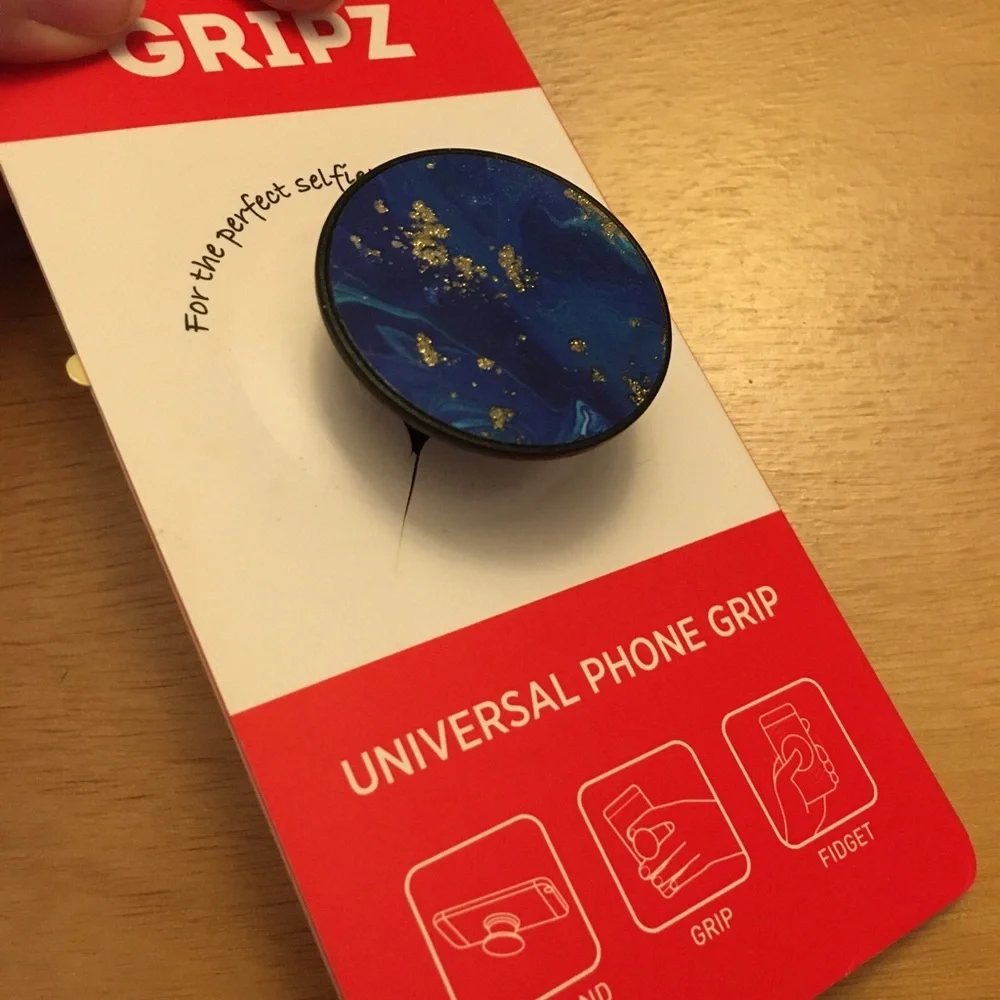 New Universal Phone Grip Blue w/Gold Sparkles Kickstand grip Fidget Pop Socket